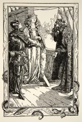 Kong Anguish giver Isolt til Sir Tristram, illustration fra "Stories of King Arthur and te Round Table" af Beatrice Clay, 1. udgave, 1905